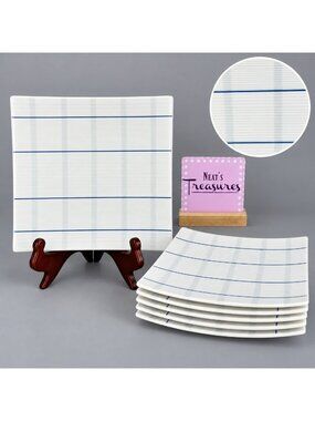 Nautica YACHT CLUB Blue Rings Plaid Chain 8" Porcelain Square Salad Plates Set 5
